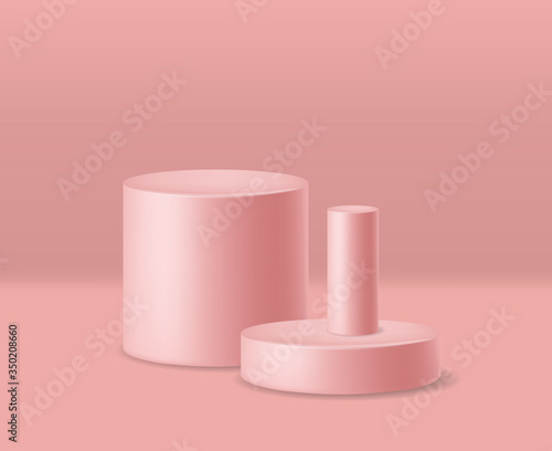 Realistic geometric forme scene, pink background, minimal forme isolated, abstract banner, cylinder 3d vector illustration