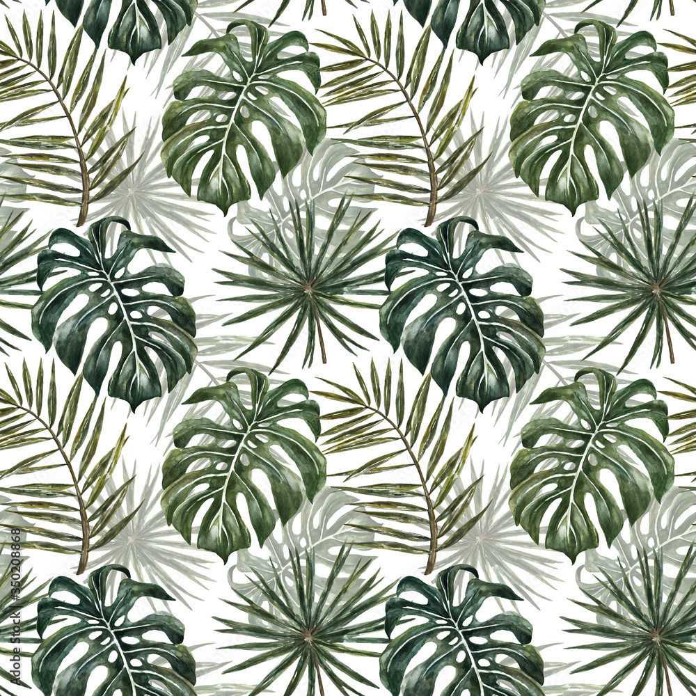 Watercolor tropical monstera and palm leaf seamless pattern. Tropical deep green color plant repeat print on white background. Jungle forest hand drawn illustration. Summer botanical wallpaper. Watercolor tropical monstera and palm leaf seamless pattern. Tropical deep green color plant repeat print on white background. Jungle forest hand drawn illustration. Summer botanical wallpaper.