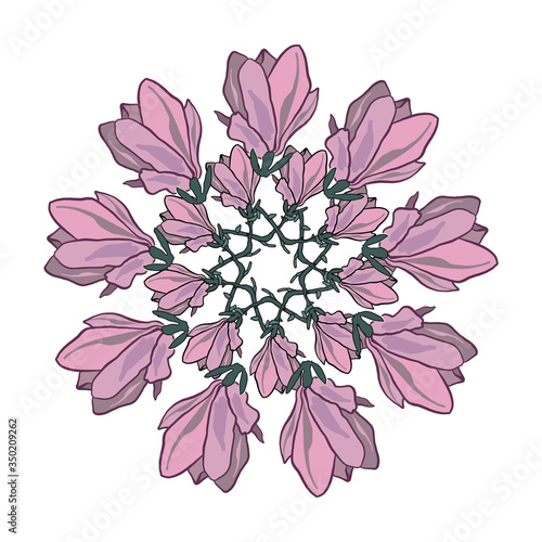 Round tight wreath of flowers with leaves. For festive decoration of cards, invitations. Vector floral ornament.