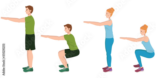 Man and woman doing squats. Male and female characters in cartoon style.