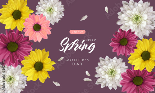 Hello spring, mother day, 8 march, realistic colored flowers, weeding card, spring invitation, sale shop banner, elegant background, vector illustration