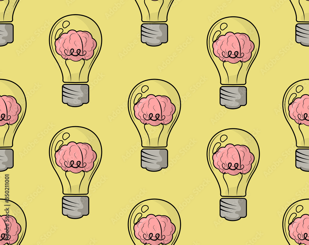 Naklejka premium pattern, light bulb with a brain inside, yellow background, flat illustration, vector illustration, vector, minimalism, graphics 