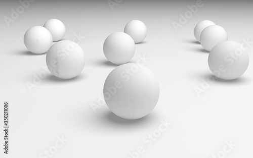 White abstract background. Set of white balls isolated on white backdrop. 3D illustration