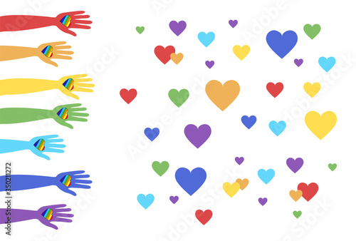 Lgbt support, fight for gay and lesbian rights, helping hands and hearts, rainbow colors. Modern flat vector illustration stylish design element