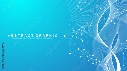 Abstract scientific background with dynamic particles, wave flow. Plexus stream background. 3D data visualization with fractal elements. Cyberpunk style. Digital vector illustration