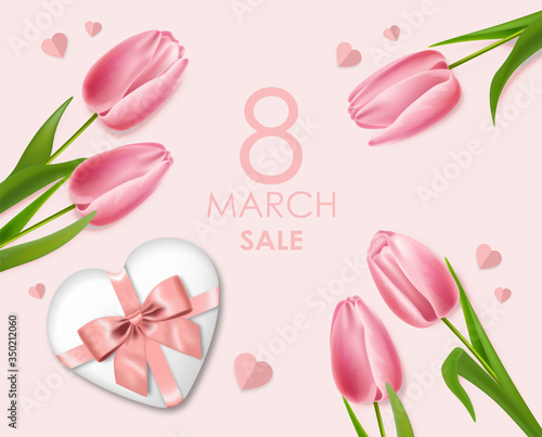 Realistic pink tulips and gift, hello spring, womens day, 8 march beautiful flowers, spring card vector, sale banner, floral background