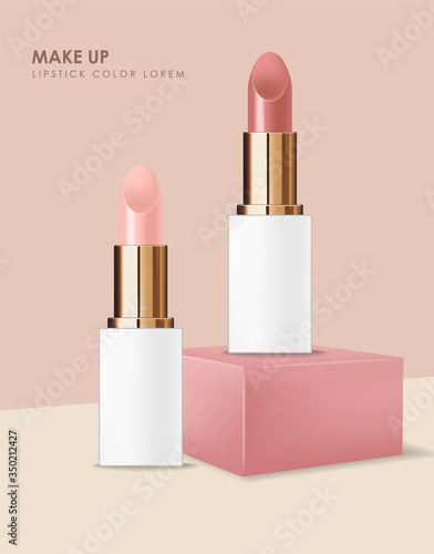 Realistic lipstick package, make-up banner, beauty and cosmetics background, packaging mochup gold and white design, graphic card, geometric forme vector