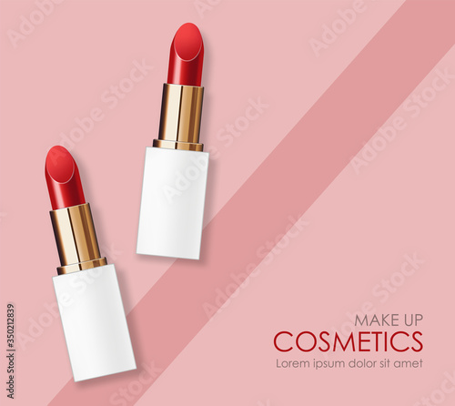 Realistic lipstick package, make-up banner, beauty and cosmetics background, packaging mochup gold and white design, graphic card, vector