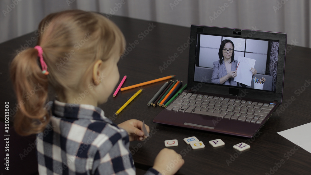 Children distance education on laptop. Online lesson at home with woman teacher Children distance education on laptop. Online lesson at home with woman teacher