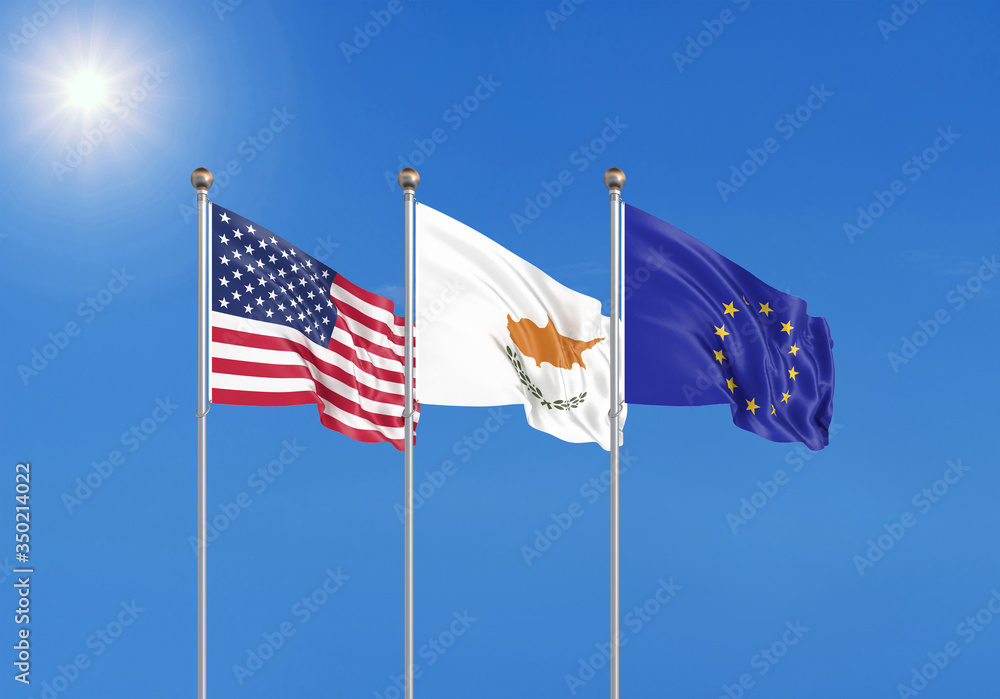 Three realistic flags of European Union, USA (United States of America) and Cyprus. 3d illustration.