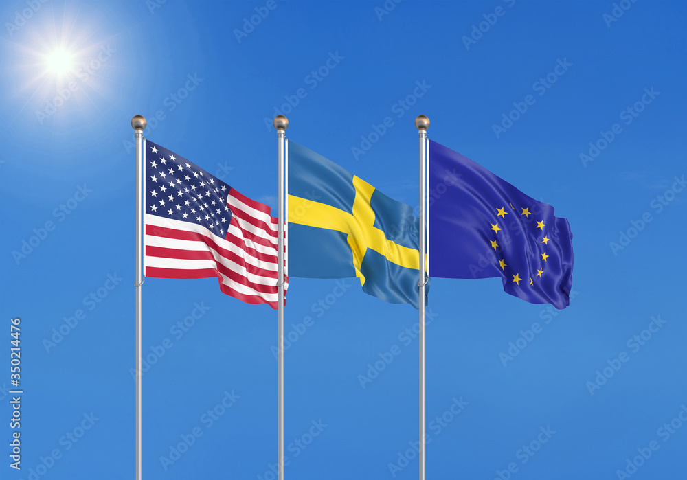 Three realistic flags of European Union, USA (United States of America) and Sweden. 3d illustration.
