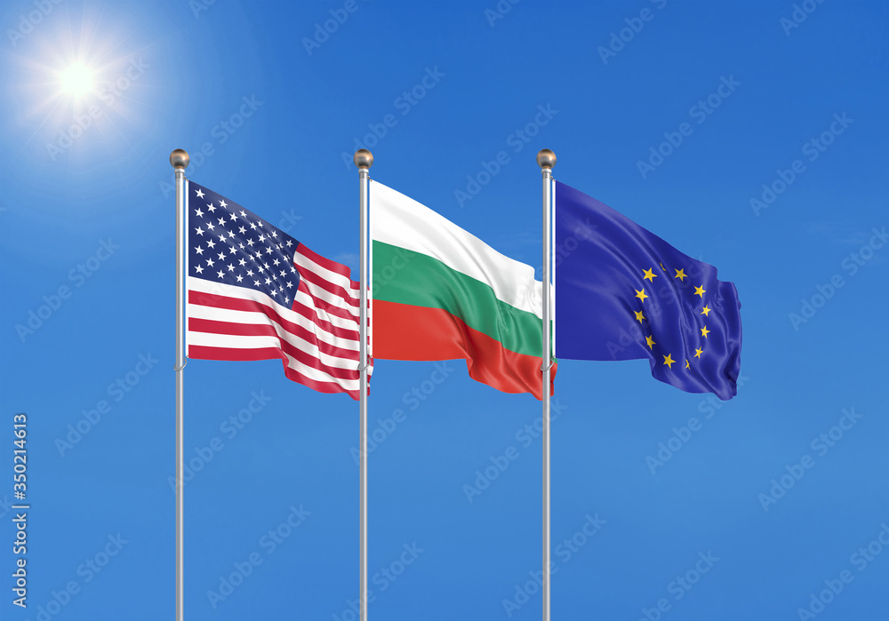 Three realistic flags of European Union, USA (United States of America) and Bulgaria. 3d illustration.