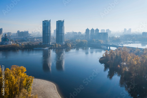 Aerial drone view. Sunrise over the Dnieper in Kiev.