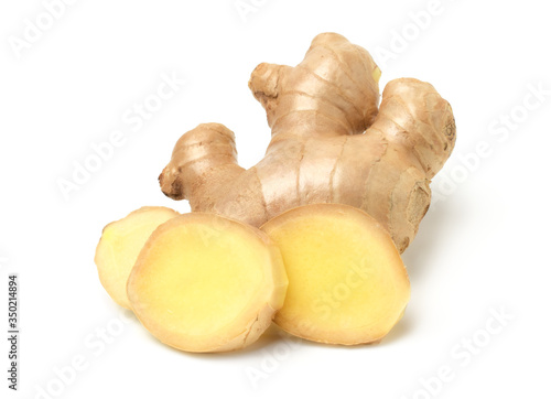 Close up,Fresh ginger root and sliced isolated on white background,copy space.