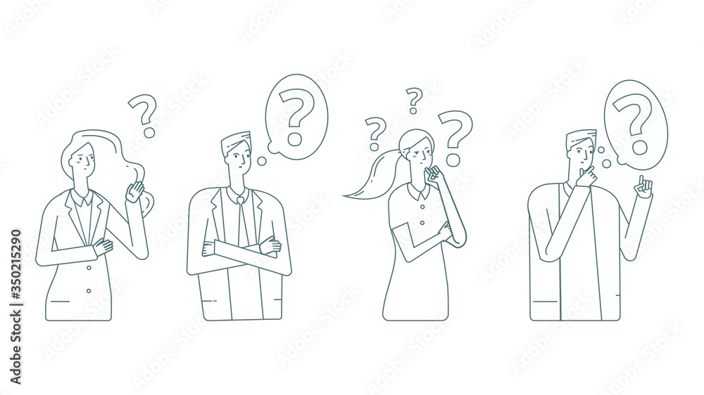 Thinking people. Man woman finding solution. Teamwork, mind work. Students on exam, managers or businessmen line flat vector characters. Illustration man and woman find idea and question Thinking people. Man woman finding solution. Teamwork, mind work. Students on exam, managers or businessmen line flat vector characters. Illustration man and woman find idea and question