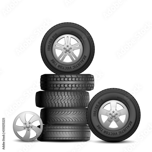 Rubber tires. Isolated realistic car wheels. Aito service, tire repair. Black wheel rim vector illustration. Rubber repair tire, automotive service