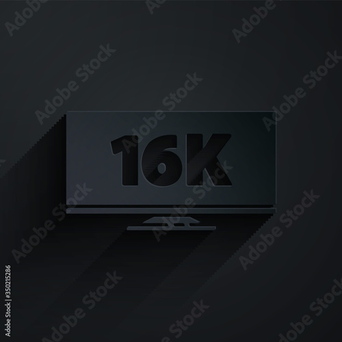 Paper cut Screen tv with 16k Ultra HD video technology icon isolated on black background. Paper art style. Vector Illustration