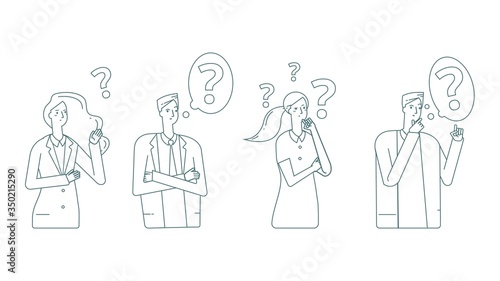 Thinking people. Man woman finding solution. Teamwork, mind work. Students on exam, managers or businessmen line flat vector characters. Illustration man and woman find idea and question
