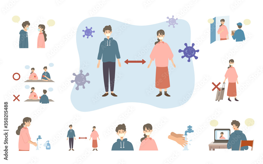 この素材の改訂版はファイル番号 です こちらの数字でご検索ください 新しい生活様式を伝えるイラスト 真正面を避ける 手を洗う ソーシャルディスタンス 旅行 移動を控える マスクを着用する Stock Vector Adobe Stock この素材の改訂版はファイル番号 です こちらの数字でご検索ください 新しい生活様式を伝えるイラスト 真正面を避ける 手を洗う ソーシャルディスタンス 旅行 移動を控える マスクを着用する Stock Vector Adobe Stock