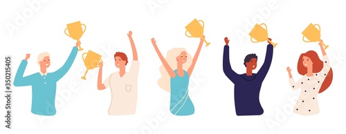 Winners with cups. Golden awards, people holding gold cup. Successful business team, woman man vector set. Illustration golden winner, celebration reward