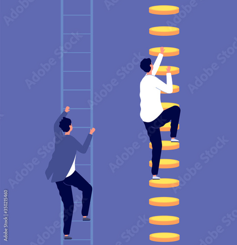 Career inequality. Social gap, employee discrimination. Tiny business professionals on ladders. Money help promotion vector illustration. Inequality social discrimination, corporate injustice