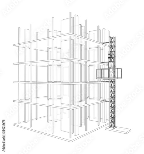 Building under construction with mast lifts