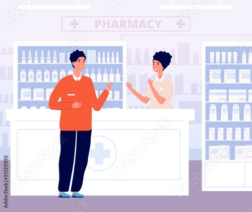Pharmacist and patient. Drugs consultation, male in drugstore interior. Health consultant nurse and customer in pharmacy vector illustration. Consultation patient into drugstore, medical pharmacist