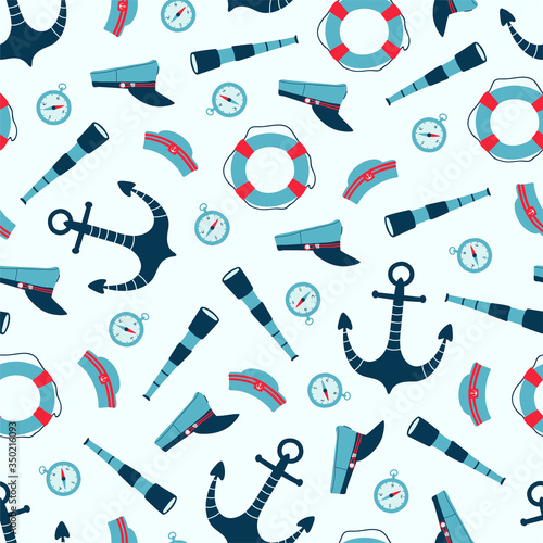 Sea seamless pattern with captain's cap, anchor, compass, telescope, and lifebuoy in cartoon style. Cute texture for kids room design, Wallpaper, textiles, wrapping paper, apparel. Vector illustration