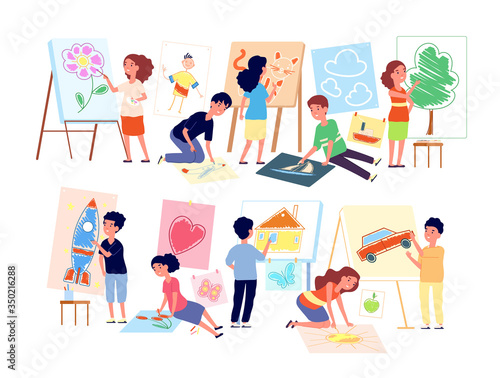 Kids drawing pictures. Children playing craft, boy creating art. Flat child in kindergarten preschool class. Girl paint vector illustration. Educational creativity child drawing, education kid art