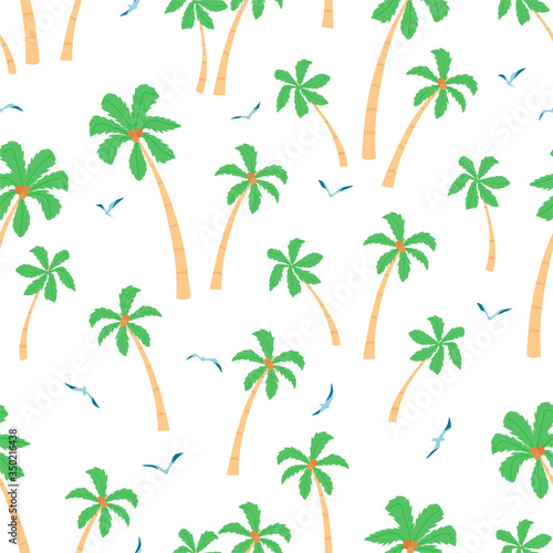 Summer seamless pattern with palm trees and seagulls on white background in cartoon style. Cute texture for kids room design  Wallpaper  textiles  wrapping paper  apparel. Vector illustration