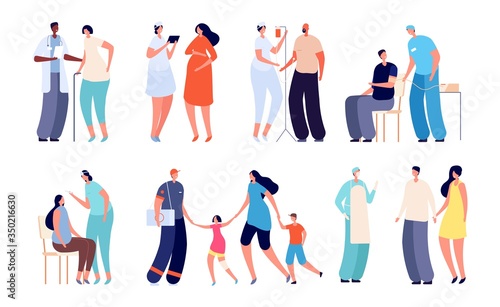 Doctor visiting. Patient in hospital, ill people get treatment. Medical office, flat health care. Man woman on check up vector illustration. Doctor and patient, man pediatric, practitioner specialist
