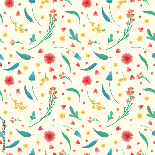 Flowers blossoms and leaves flat vector retro seamless pattern. Abstract wildflowers on dark blue background. Floral decorative backdrop. Blooming meadow plants. Textile, fabric, wallpaper design.