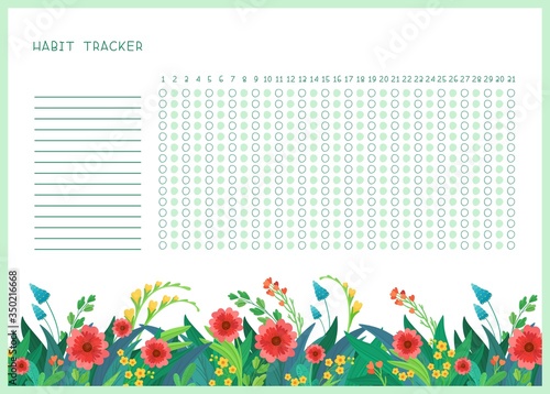 Habit tracker for month flat vector template. .Spring wild flowers themed blank, personal organizer with decorative frame. Summer season floral border with stylized lettering