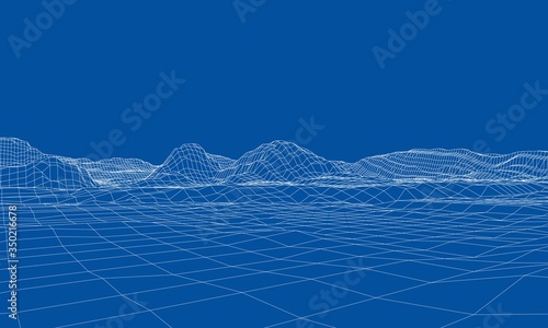 Abstract 3d wire-frame landscape. Blueprint style