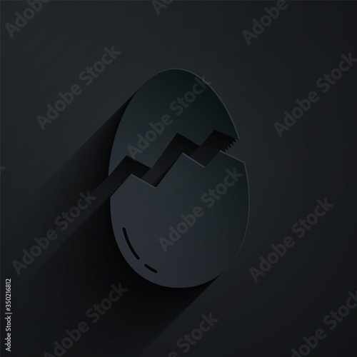 Paper cut Broken egg icon isolated on black background. Happy Easter. Paper art style. Vector Illustration