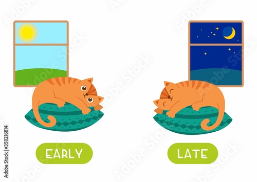 Adorable cat waking up and sleeping illustration with typography. Late and early antonyms flashcard flat vector template. Word card for english language learning. Opposites concept.