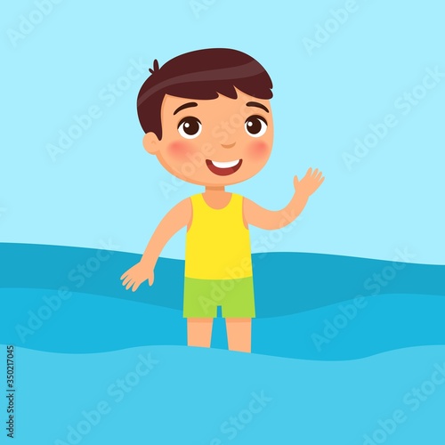 Little boy standing in a swimsuit flat vector illustration. Beautiful child having fun in water, waving hand. Cheerful kid in swimsuit enjoying summer activities color cartoon character