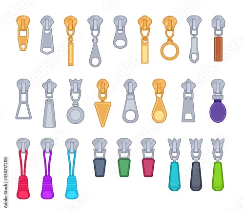 Zipper pulls. Isolated tailor puller, close clasp. Pants cloth details, flat accessories for fashion backpack, luggage sportswear vector set. Illustration zipper and fastener, tailor clasp