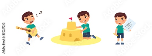 Little cute boy builds a sandcastle, drawings, plays the guitar and sings. Creativity concept. Сhild is having fun and relaxing. Cartoon characters, set of flat vector illustrations