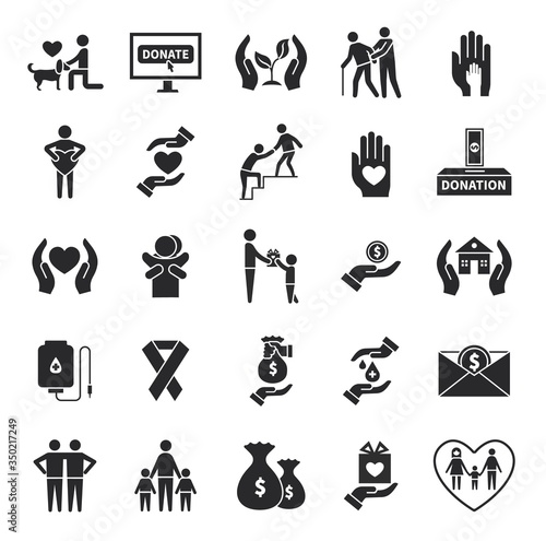 Charity icons. Volunteer helping, world social communities symbols. Donation service or child support, fundraiser foundations vector set. Illustration charity and volunteer, humanitarian support