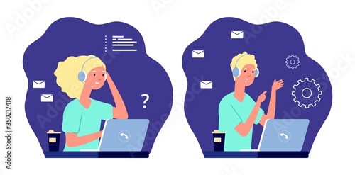 Call center operators. Support service, guy girl work remotely. Administrators emergency hotline vector illustration. Man and woman support center call