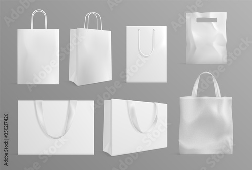 Eco bag mockup. Realistic canvas paper handbags. Modern material or cotton reusable packs for shoppers. White shopping packages vector set. Material fashion bag for shopping illustration