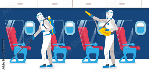 Specialist in hazmat suit disinfecting an airplane