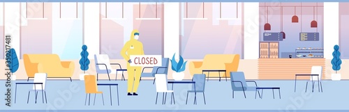 Closed restaurant. Cafe interior, empty food court or coffee bar. Epidemic or pandemic, man protective suit public place vector illustration. Closed restaurant and cafe, illustration quarantine cafe