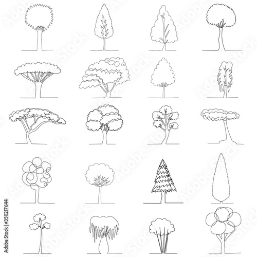 drawing with one continuous line tree, set