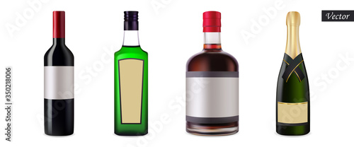 Set alcoholic drinks in bottles isolated on a white background. Red wine, absinthe, rum, champagne. Realistic beverage collection. Macro icons. Vector illustration 3D. Design elements.