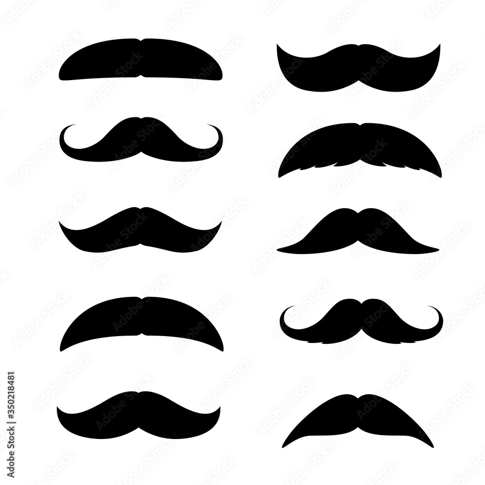 Set of Mustaches. Black silhouette of adult man moustaches. Vector illustration isolated on white Set of Mustaches. Black silhouette of adult man moustaches. Vector illustration isolated on white