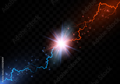 Lightning collision. Red and blue electric lightning collision. Versus abstract background with thunderbolt. Vector