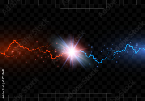 Red and blue electric lightning collision. Versus abstract background with thunderbolt. Vector