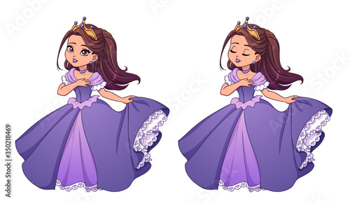 Pretty little princess with brown hair and tan skin wearing violet ball dress.